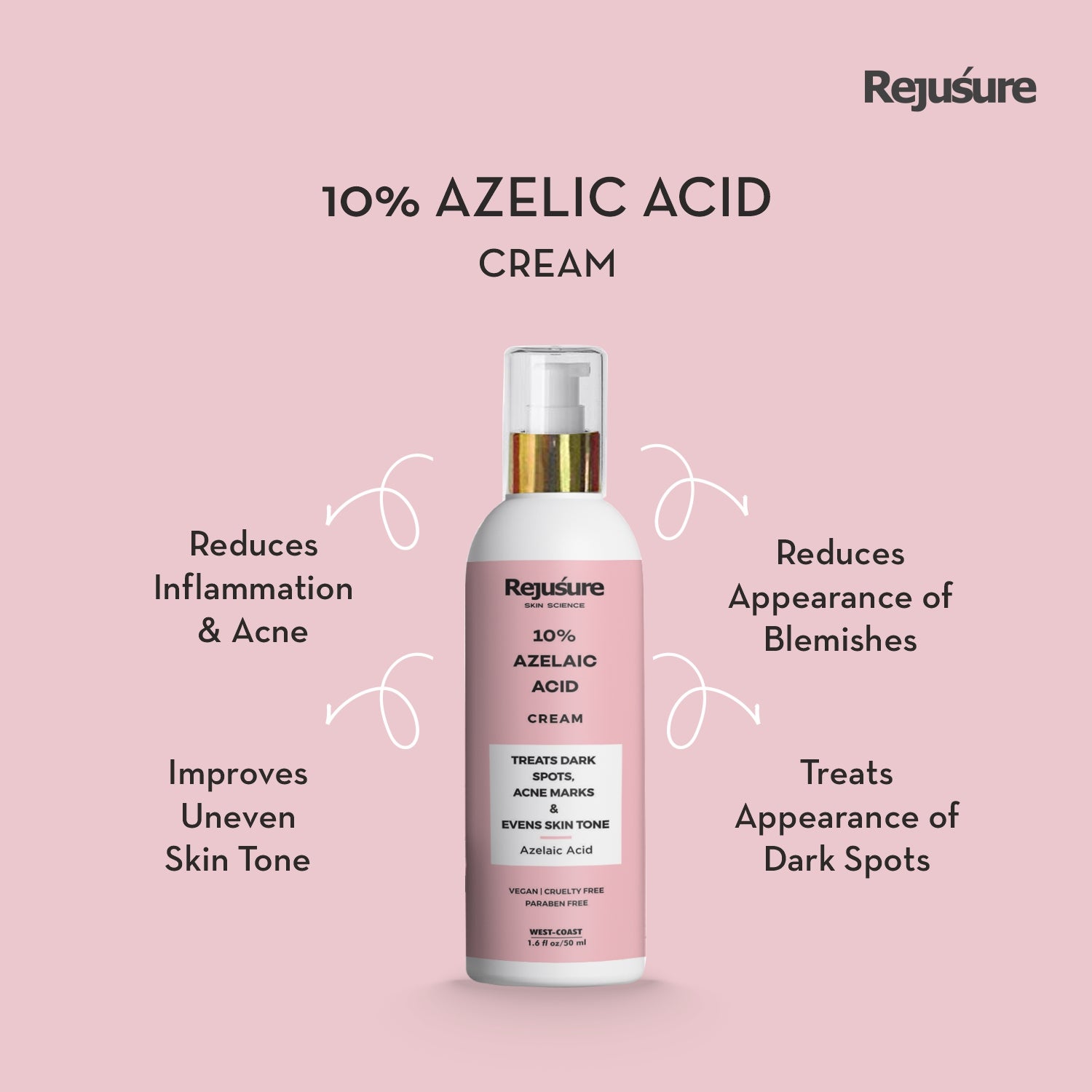 Rejusure 10% Azelaic Acid Cream Treats Dark Spots and Acne Marks & Evens Skin Tone 50ml