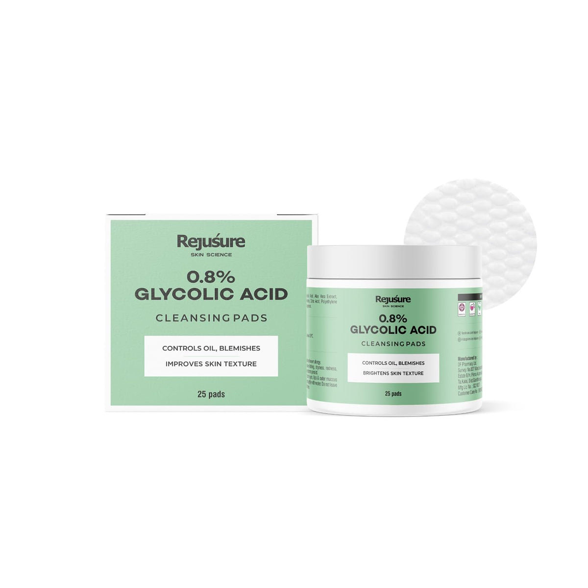 Rejusure Glycolic Acid Exfoliating Cleansing Pads - Controls Oil, Blemishes Brightens Skin Texture | Enrich with Glycolic Acid, Aloe Vera, Menthol, Vitamin E Oil | Women & Men | - 25 Pads