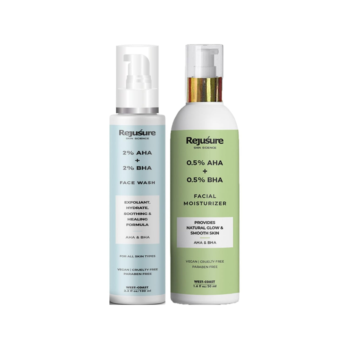 Rejusure AHA 2% + BHA 2% Face Wash (100ml) & AHA 0.5% + BHA 0.5% Facial Moisturizer (50ml) - Complete Skincare Set for Exfoliation and Hydration