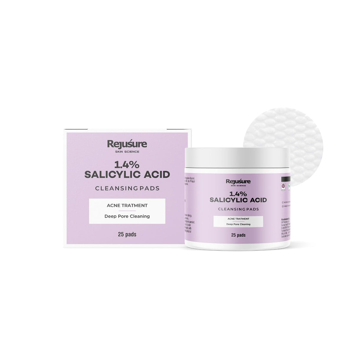 Rejusure 1.4% Salicylic Acid Cleansing Pads with Salicylic Acid & Menthol - Acne Treatment & Deep Pore Cleaning | Reduce Blackheads & Excess Oil | Acne Prone & Oily Skin | Women & Men | - 25 Pads