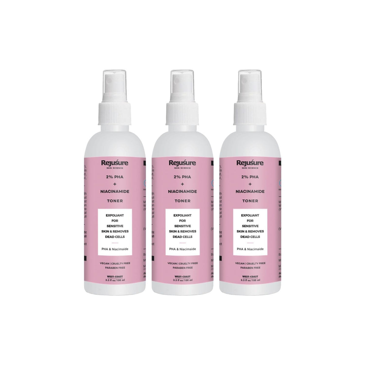 Rejusure PHA 2% + Niacinamide Alcohol Free Face Mist Toner For Mild Exfoliation & Pore Tightening Best for Oily & Normal Skin - 100ml (Pack of 3)