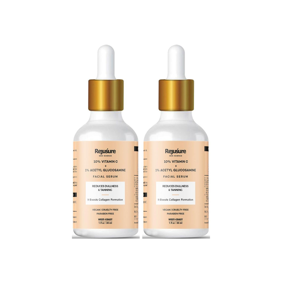Rejusure 10% Vitamin C + 1% Acetyl Glucosamine Facial Serum to Boots Collagen Production & Protects from Environmental Stress– 30ml (Pack of 2)