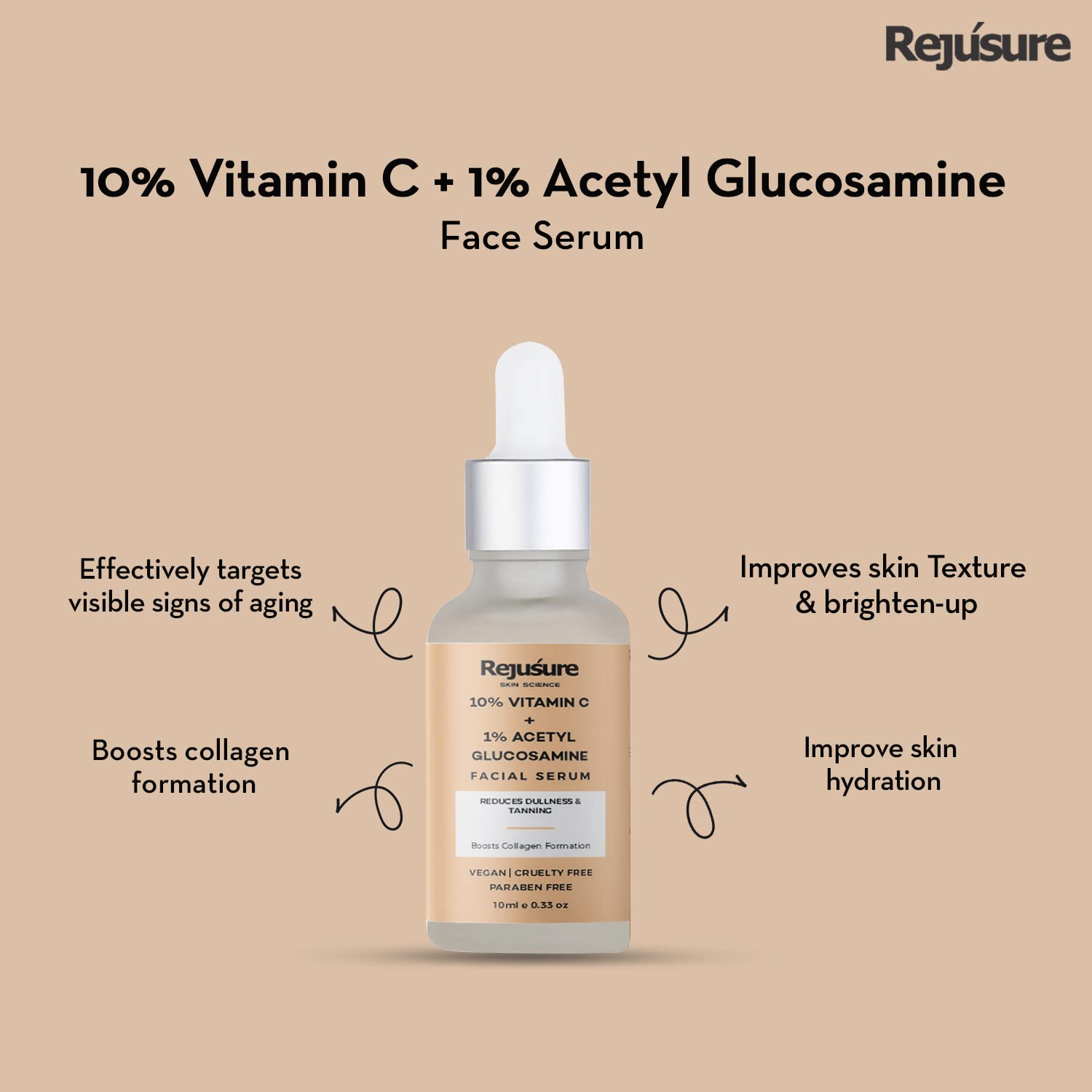Rejusure 10% Vitamin C + 1% Acetyl Glucosamine Facial Serum to Boots Collagen Production & Protects from Environmental Stress– 10ml