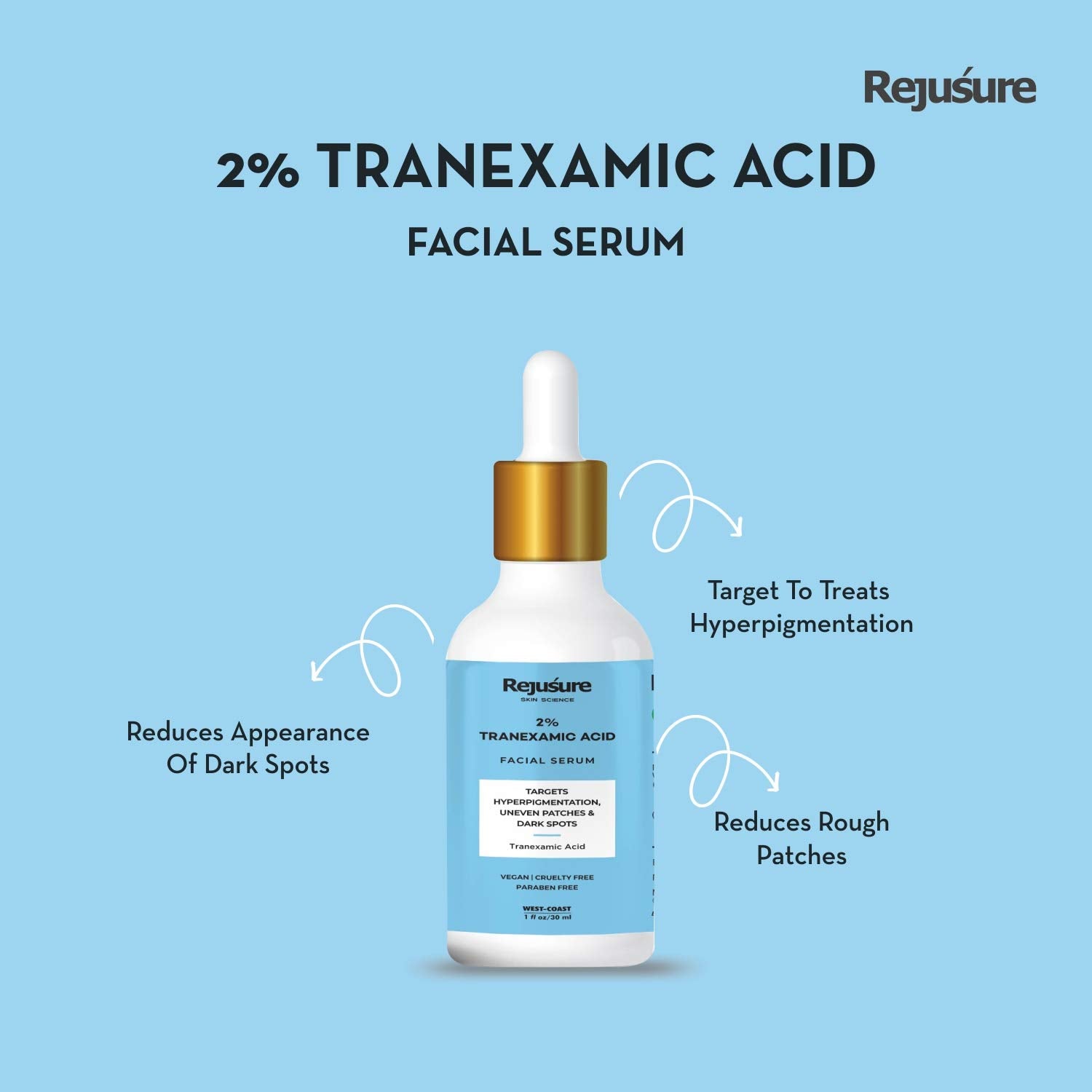 Rejusure Tranexamic Acid 2% Face Serum for Hyperpigmentation, Uneven Patches & Dark Spots – 30ml (Pack of 2)