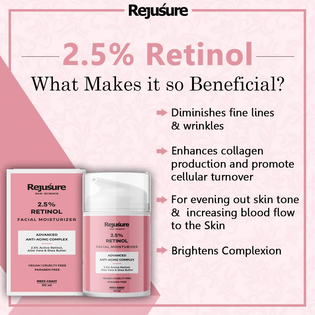 Rejusure Retinol Facial Moisturizer – Anti – Aging Complex – 50 ml