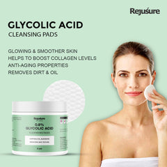 Rejusure Glycolic Acid Exfoliating Cleansing Pads - Controls Oil, Blemishes Brightens Skin Texture | Enrich with Glycolic Acid, Aloe Vera, Menthol, Vitamin E Oil | Women & Men | - 25 Pads