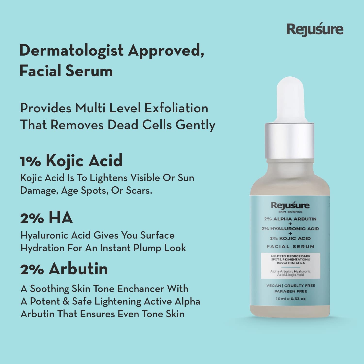 Rejusure 2% Alpha Arbutin + 2% Hyaluronic Acid + 1% Kojic Acid Face Serum for Dark Spot, Pigmentation, Sun Tanning, Treats Blemishes, Uneven Skin Tone & Acne Marks| For Men & Women – 10ml