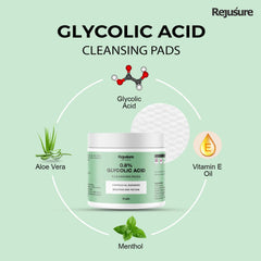 Rejusure Glycolic Acid Exfoliating Cleansing Pads - Controls Oil, Blemishes Brightens Skin Texture | Enrich with Glycolic Acid, Aloe Vera, Menthol, Vitamin E Oil | Women & Men | - 25 Pads