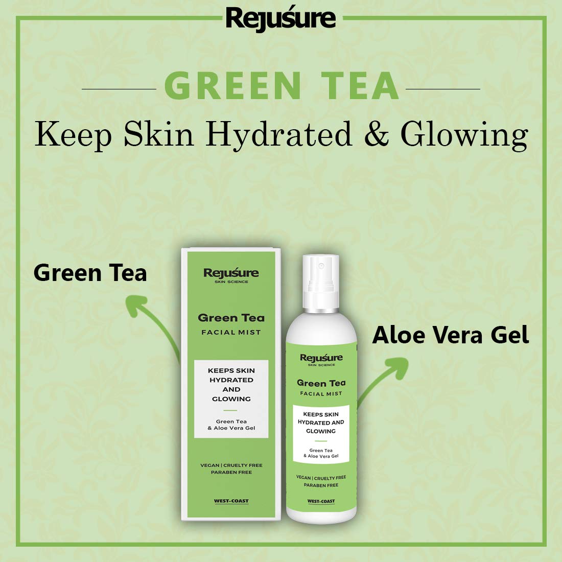 Rejusure Green Tea Facemist – Keeps Skin Hydrated & Glowing – 100ml (Pack of 3)