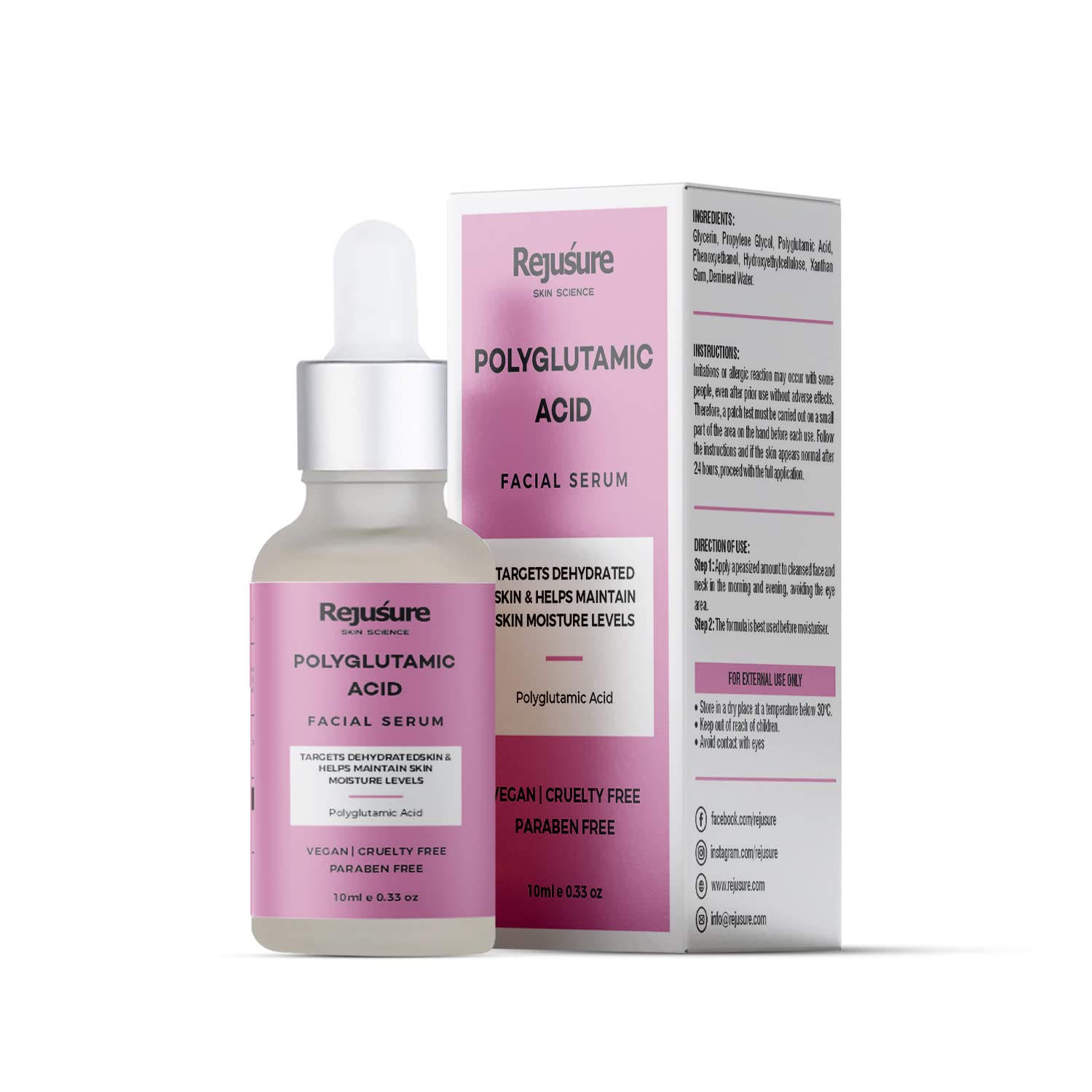 Rejusure Polyglutamic Acid Face Serum Targets Dehydrated Skin & Helps Maintain Skin Moisture Levels | For Men & Women | Cruelty Free & Dermatologist Tested – 10ml
