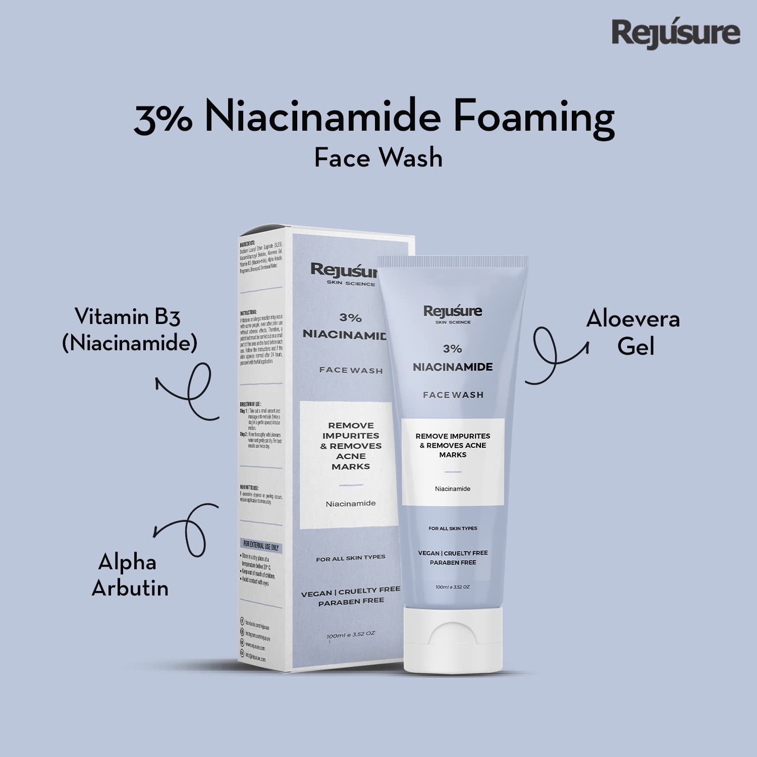 Rejusure 3% Niacinamide Foaming Face Wash for Remove Impurities & Acne Marks, Suitable for All Skin Types, Formulated for Men & Women – 100ml