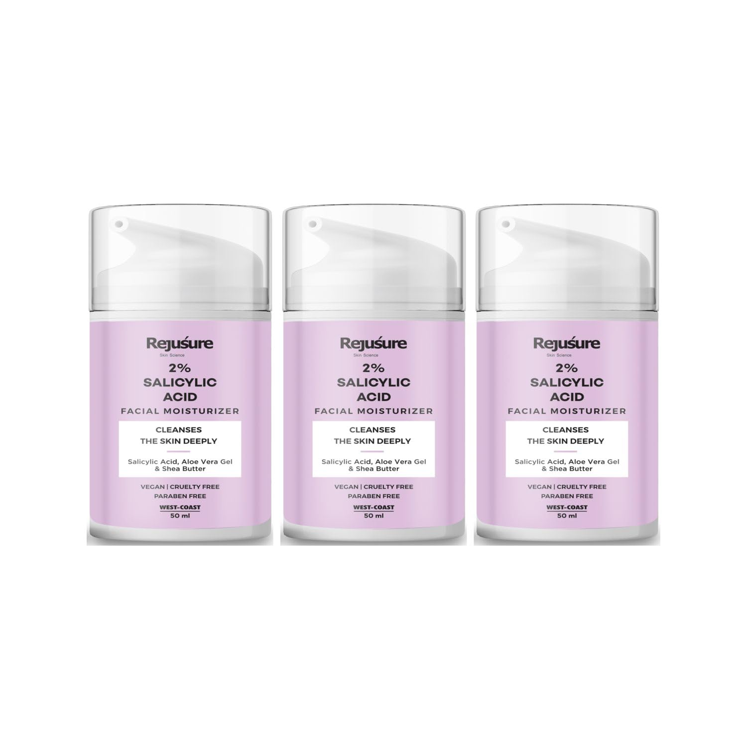 Rejusure 2% Salicylic Acid Moisturizer | Fights Breakout & Blackheads & Excess Oil | Cream for Face - 50ml (Pack of 3)