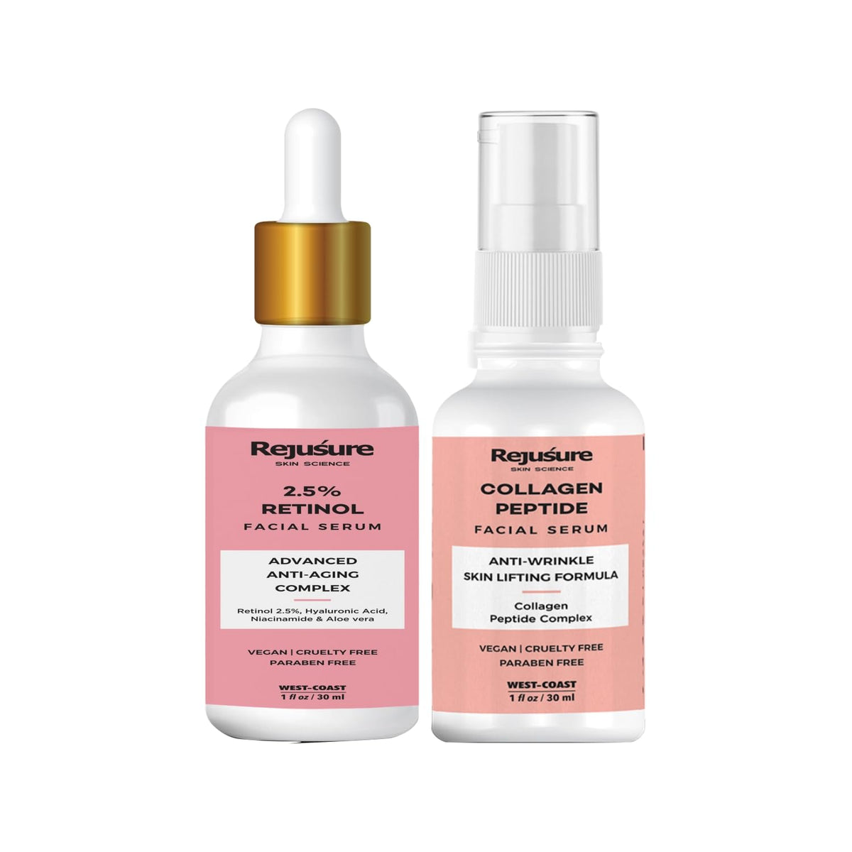 Rejusure Youthful Skin Duo | Retinol Facial Serum (30ml) & Collagen Peptide Night Facial Serum (30ml) - Targeted Anti-Aging Solutions for Smooth, Firm Skin