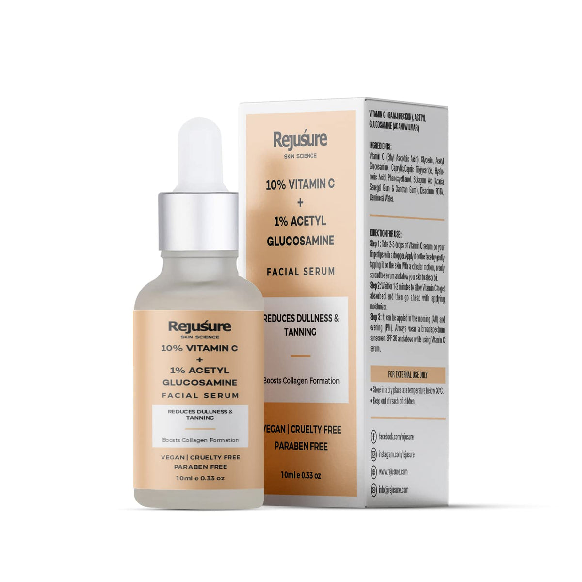 Rejusure 10% Vitamin C + 1% Acetyl Glucosamine Facial Serum to Boots Collagen Production & Protects from Environmental Stress– 10ml