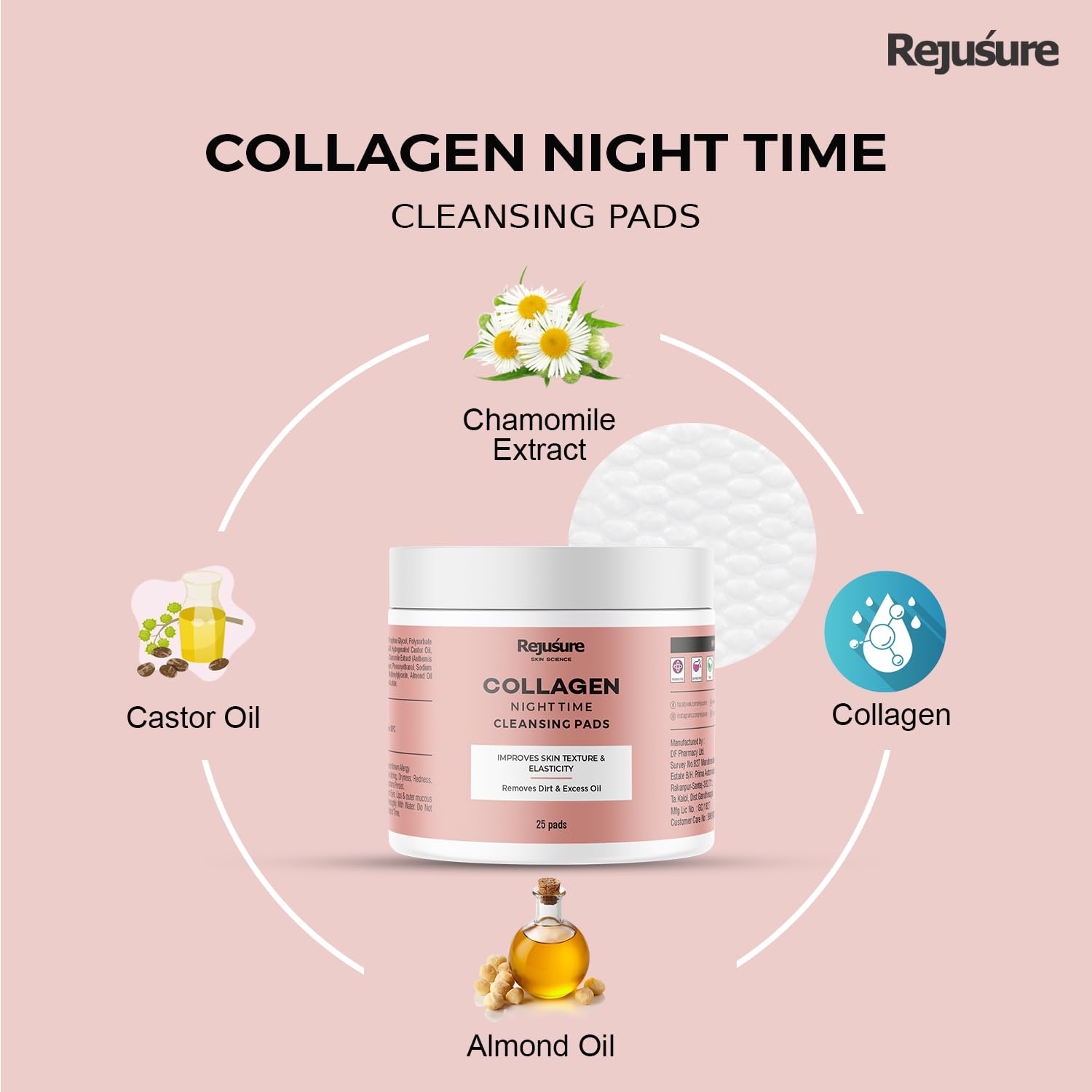 Rejusure Collagen Night Time Cleansing Pads Improves Skin Texture & Skin Elasticity Removes Dirt & Excess Oil |Enrich with Chamomile Extract, Collagen & Almond Oil | Women & Men | - 25 Pads