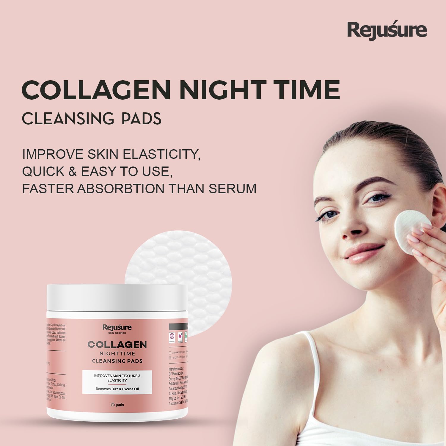 Rejusure Collagen Night Time Cleansing Pads Improves Skin Texture & Skin Elasticity Removes Dirt & Excess Oil |Enrich with Chamomile Extract, Collagen & Almond Oil | Women & Men | - 25 Pads