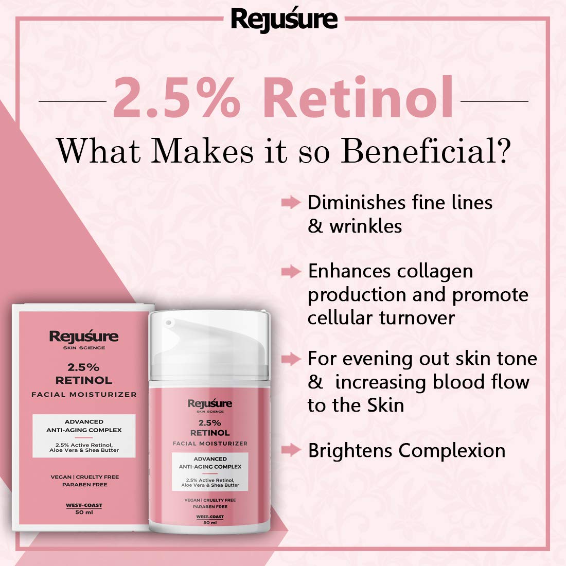 Rejusure Retinol Facial Moisturizer – Anti – Aging Complex – 50 ml (Pack of 3)