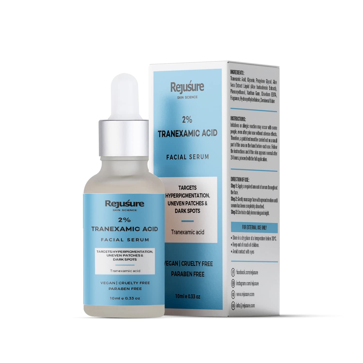 Rejusure 2% Tranexamic Acid Face Serum Hyperpigmentation, Uneven Patches & Dark Spots | For Men & Women | Cruelty Free & Dermatologist Tested – 10ml