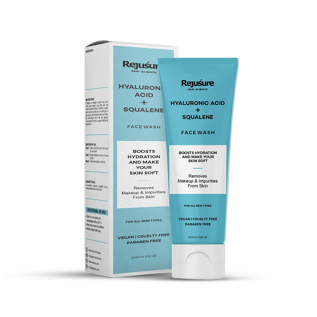 Rejusure Hyaluronic Acid + Squalene Face Wash with Hyaluronic Acid for Hydration with Anti-Aging Skin Care Properties, Soft, Refreshed & Smooth| Dry to Normal Skin | For Men & Women – 100 ml