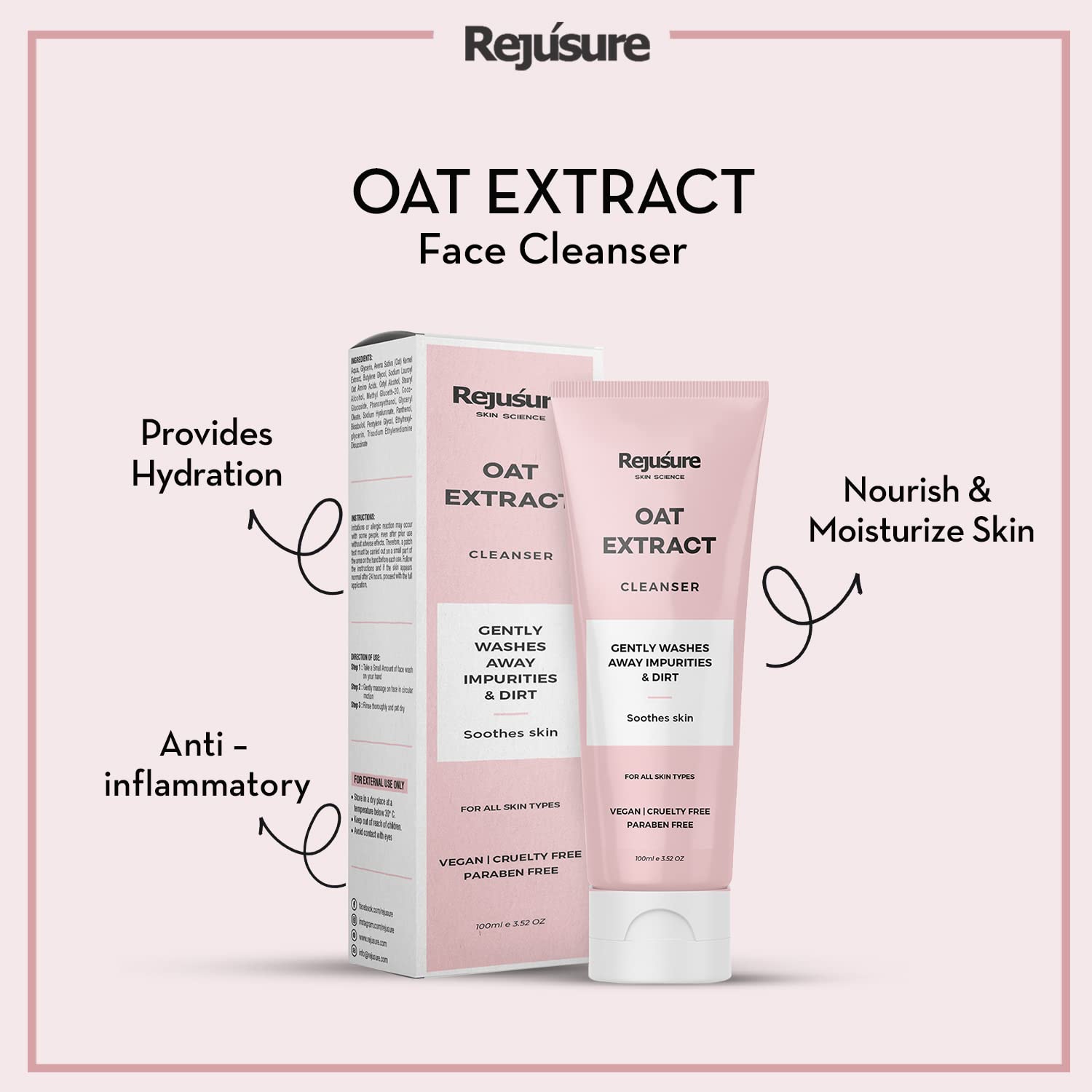 Rejusure Oat Extract Gentle Cleanser Exfoliating, Moisturizing, Bright Skin & Reduced Dark Spots| Normal & Sensitive Skin | For Men & Women | Cruelty Free & Dermatologist Tested – 100 ml