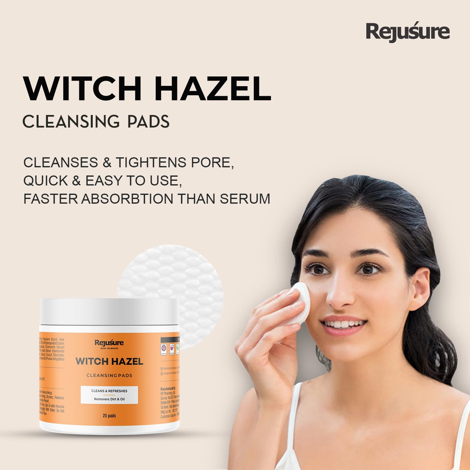Rejusure Witch Hazel Cleansing Pads Cleanse & Refreshes, Removes Dirt & Oil | Enrich with Witch Hazel Extract, Almond Oil | Women & Men | Cruelty Free & Dermatologist Tested - 25 Pads