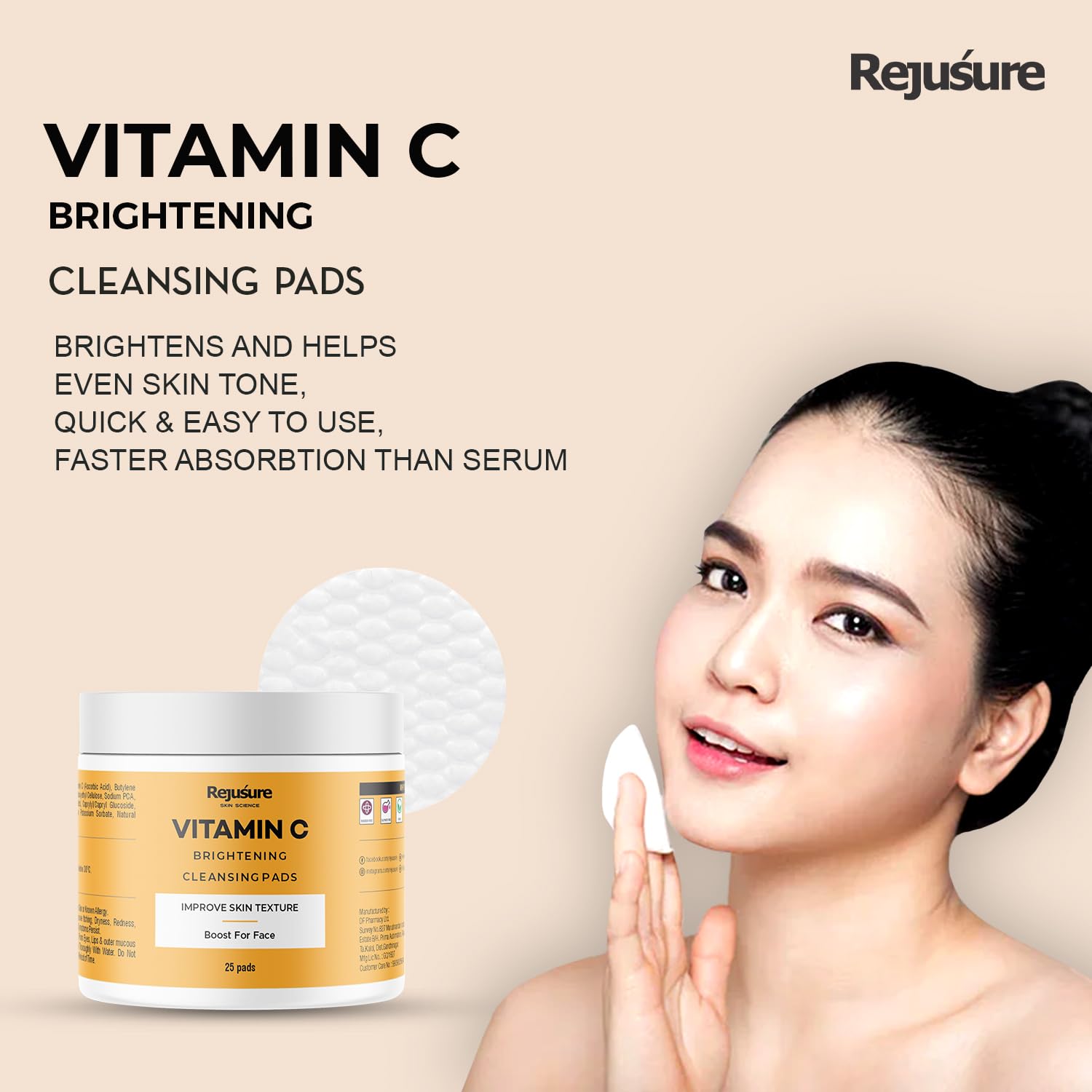 Rejusure Vitamin C Brightening Cleansing Pads Improve Skin Texture & Boost for Face | Enrich with Vitamin C and Niacinamide | Women & Men | Cruelty Free & Dermatologist Tested - 25 Pads
