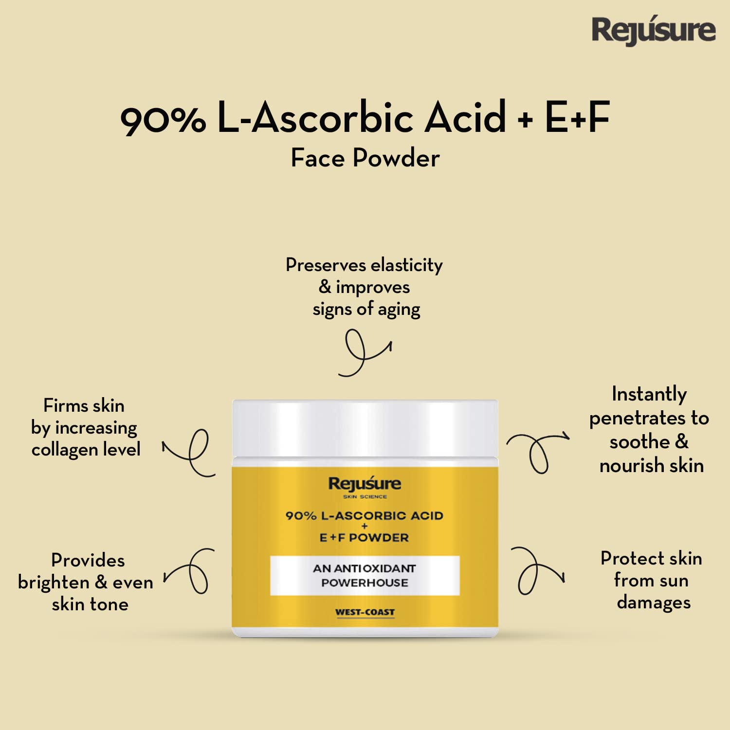Rejusure 90% L-Ascorbic Acid + E+F Powder Reduce Hyperpigmentation for Men & Women – 50gm