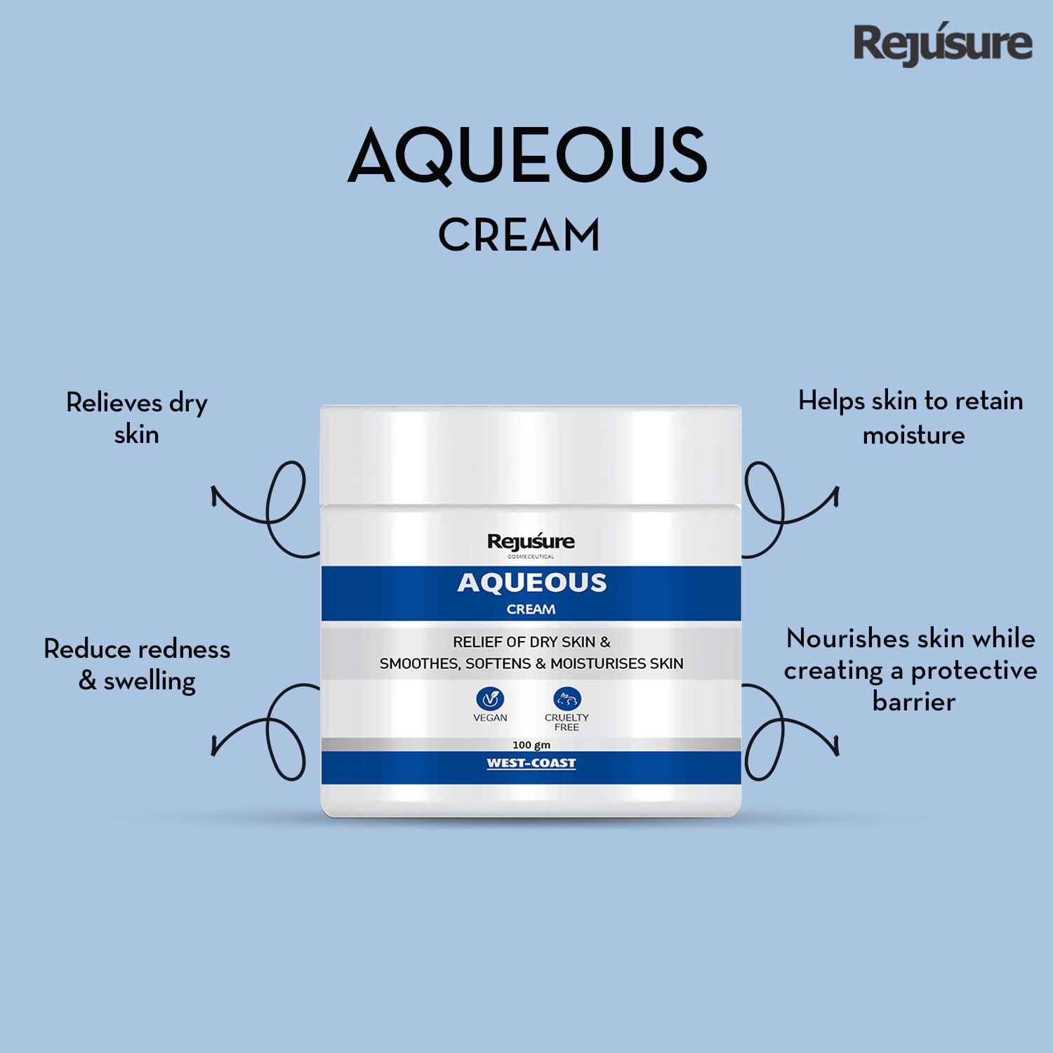 Rejusure Aqueous Cream - Fast Acting for Dry/Itchy/Sensitive Skin, Hydrates and Soothes | Skin care - 100gm