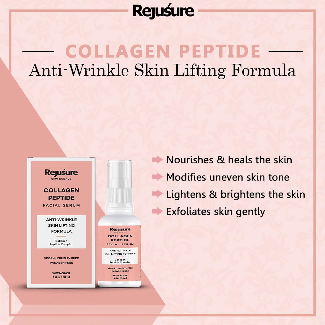 Rejusure Collagen Peptide Face Serum for Enhance Skin Elasticity, Anti Wrinkles, Antiaging, Improves Skin Texture, Deep Moisturization of Skin - 30ml (Pack of 5)