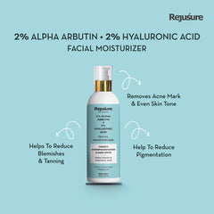 Rejusure Alpha Arbutin 2% + Hyaluronic Acid 2% Face Moisturizer For Pigmentation, Dark Spots & Sun Tanning, Remove Blemishes, Acne Marks & Uneven Skin Tone - 50ml (Pack of 5)
