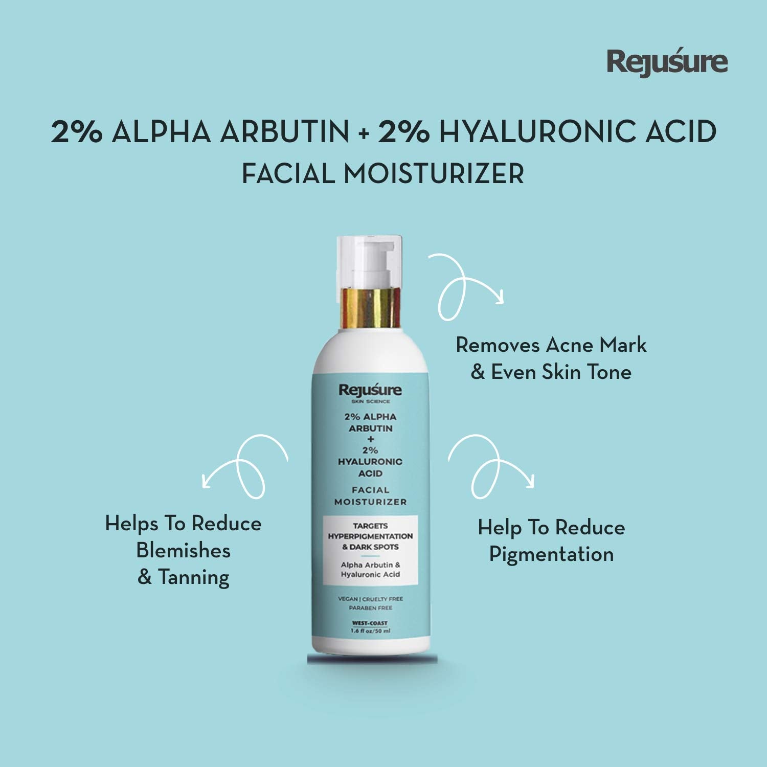 Rejusure Alpha Arbutin 2% + Hyaluronic Acid 2% Face Moisturizer For Pigmentation, Dark Spots & Sun Tanning, Remove Blemishes, Acne Marks & Uneven Skin Tone - 50ml (Pack of 2)