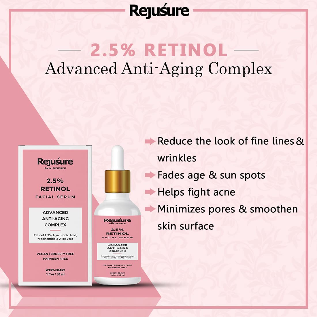 Rejusure 2.5% Retinol Anti-Aging Face Serum for Wrinkles & Fine Lines Boost Collagen & Restoration - 30 ml (Pack of 5)