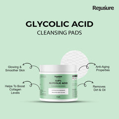 Rejusure Glycolic Acid Exfoliating Cleansing Pads - Controls Oil, Blemishes Brightens Skin Texture | Enrich with Glycolic Acid, Aloe Vera, Menthol, Vitamin E Oil | Women & Men | - 25 Pads