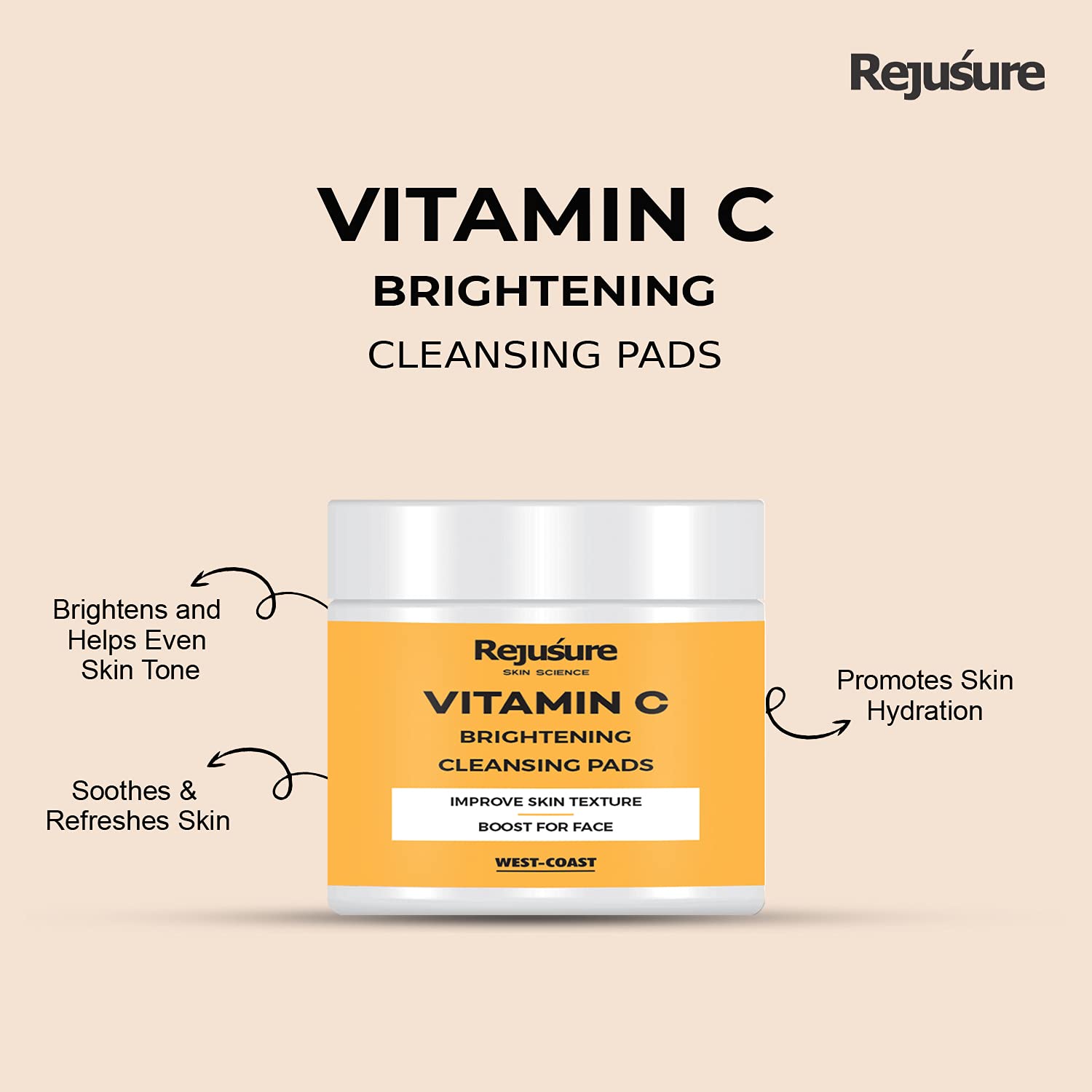 Rejusure Vitamin C Brightening Cleansing Pads Improve Skin Texture & Boost for Face |Paraben & Sulphate Free -50 Pads