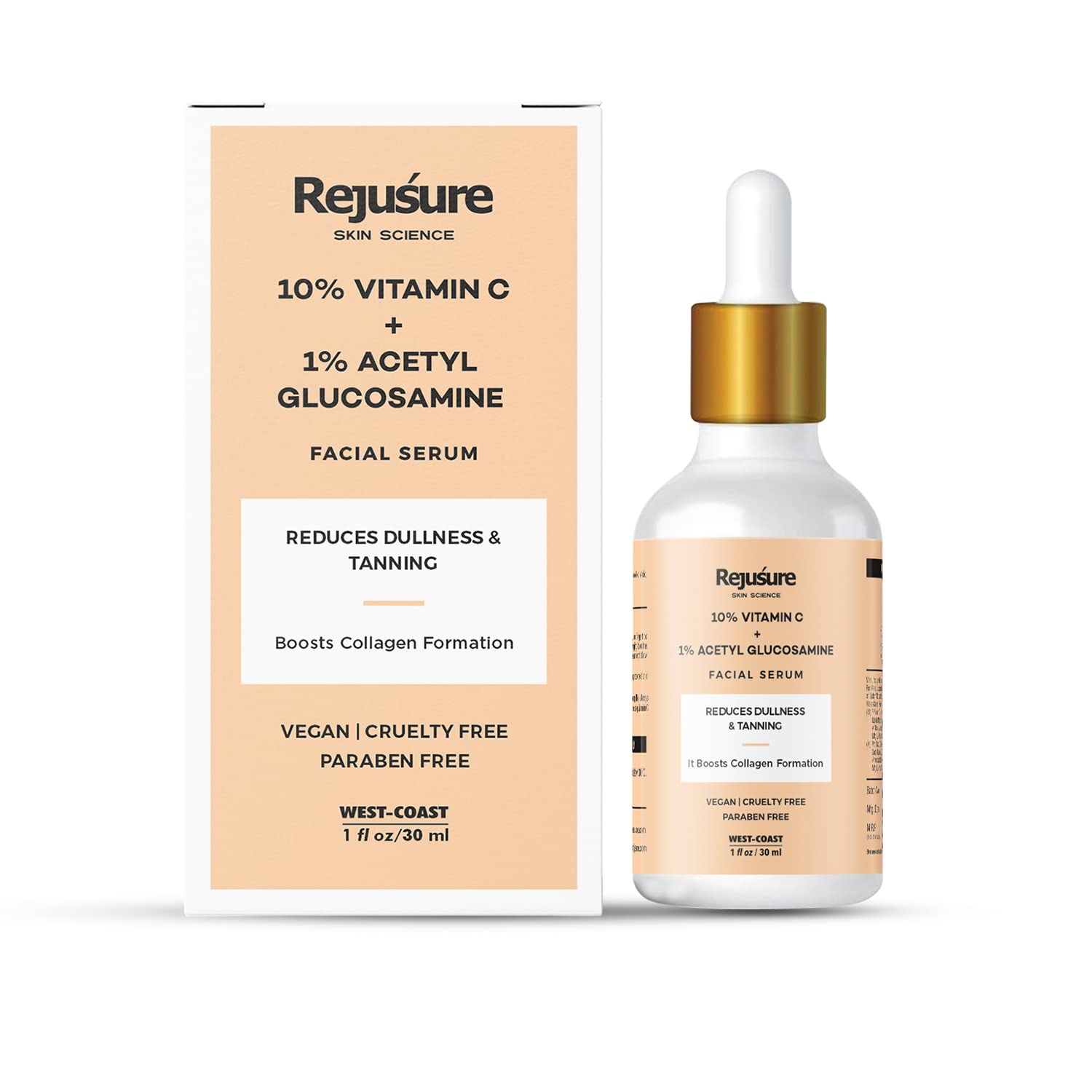 Rejusure 10% Vitamin C + 1% Acetyl Glucosamine Facial Serum to Boots Collagen Production & Protects from Environmental Stress– 30ml