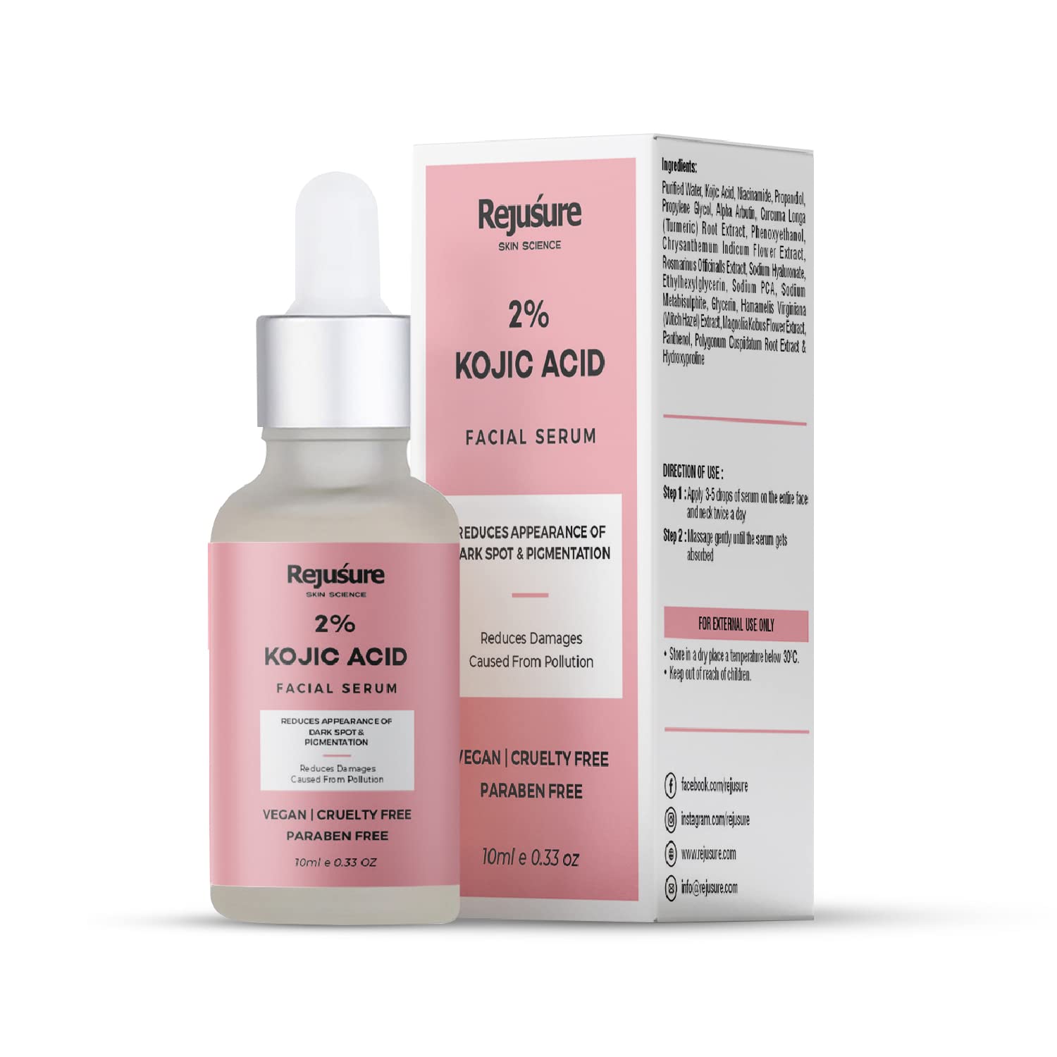 Rejusure 2% Kojic Acid Face Serum with Alpha Arbutin & Niacinamide for Natural and Gentle Treatment for Skin Discoloration for All Skin Types, Reduces Dark Spots & Pigmentation for Men & Women – 10 ml