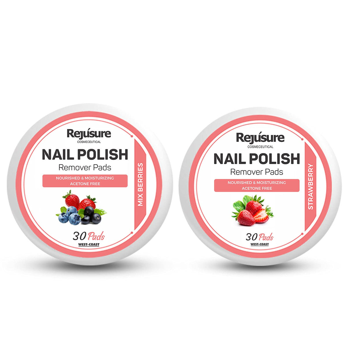 Rejusure Nail Polish Remover Pads Combo – Nourished & Moisturizing Acetone Free (Strawberry – 30 Pads + Mix Berries - 30 Pads)