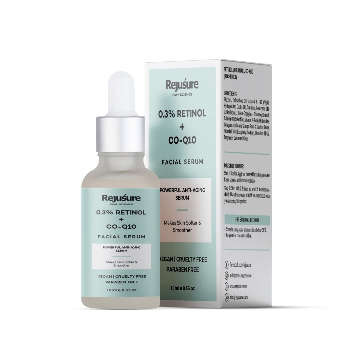 Rejusure 0.3% Retinol + CoQ10 Facial Serum |Night Face Serum for Anti-Aging |Reduce Fine-Lines & Wrinkles – 10ml