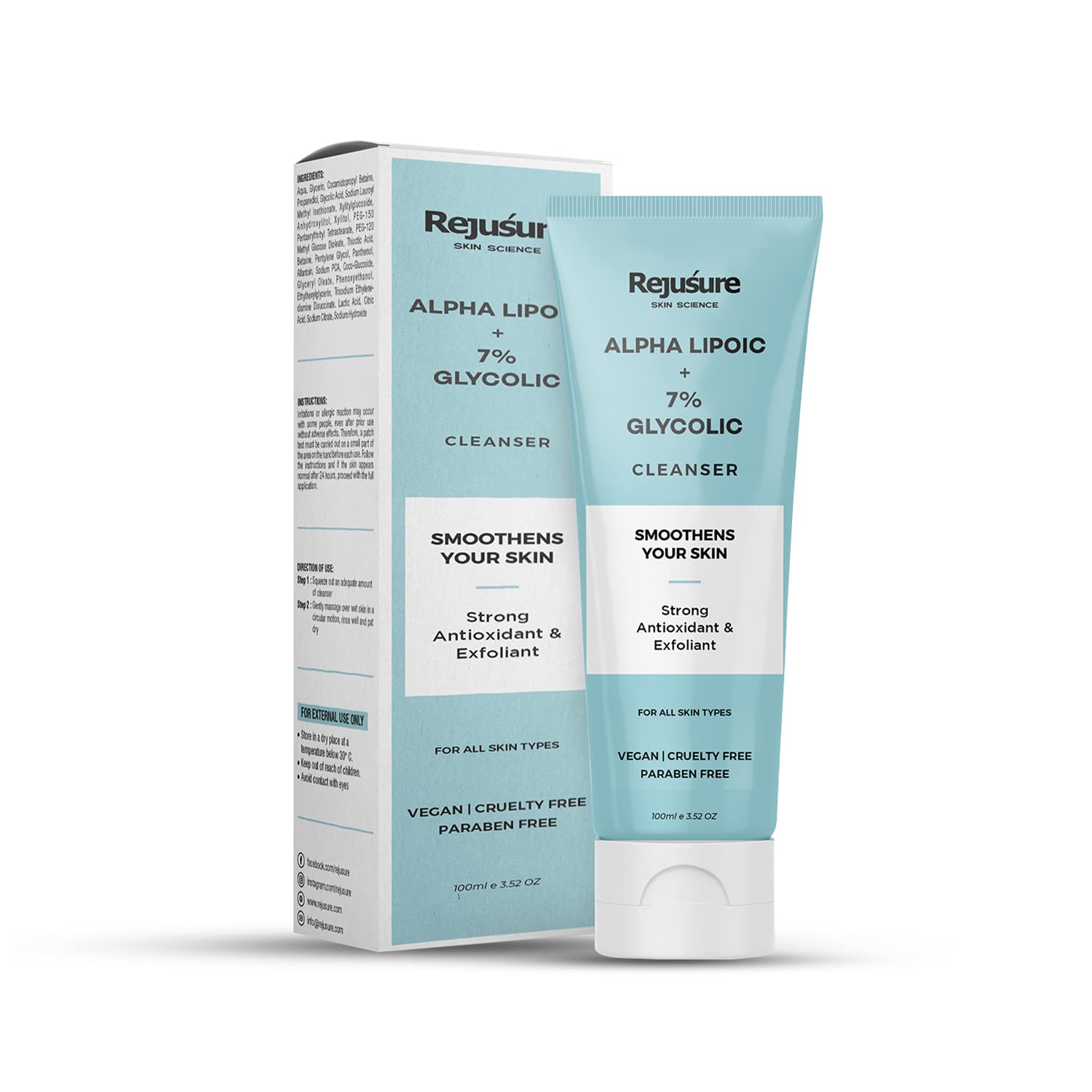 Rejusure Alpha Lipoic + Glycolic 7% Face Cleanser for Brightening Skin Shade & Evening Skin Texture | All Skin Types | For Men & Women | Cruelty Free & Dermatologist Tested – 100 ml