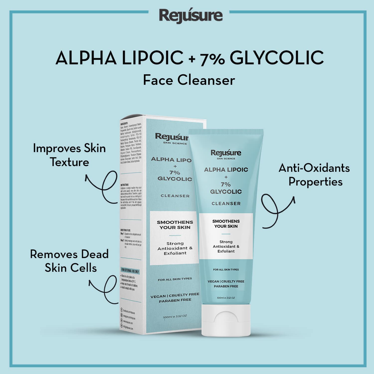 Rejusure Alpha Lipoic + Glycolic 7% Face Cleanser for Brightening Skin Shade & Evening Skin Texture | All Skin Types | For Men & Women | Cruelty Free & Dermatologist Tested – 100 ml