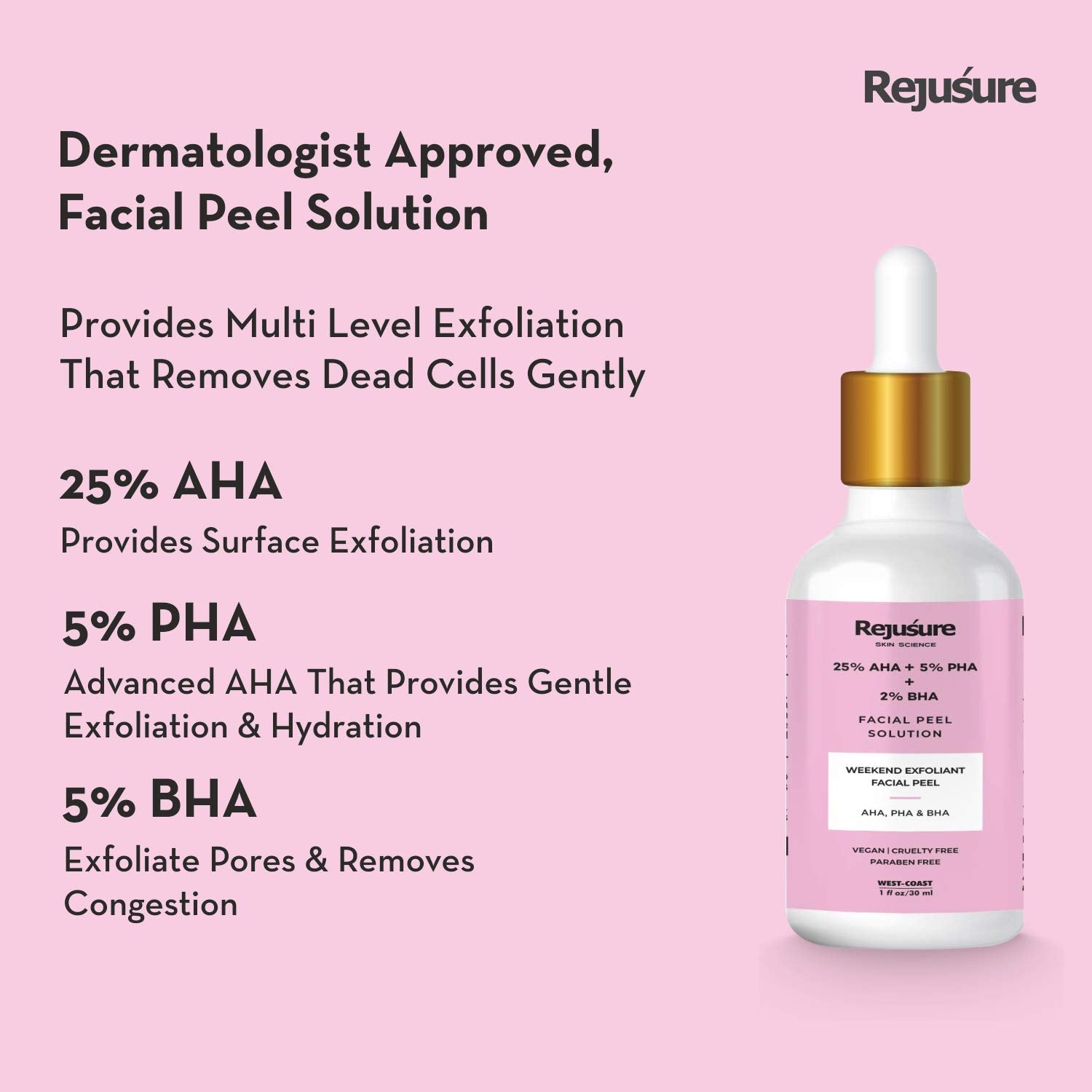 Rejusure AHA 25% + PHA 5% + BHA 2% Facial Peeling Solution for Glowing Skin, Smooth Texture & Pore Cleansing | Weekend Facial Exfoliant or Peel 30ml (Pack of 5)