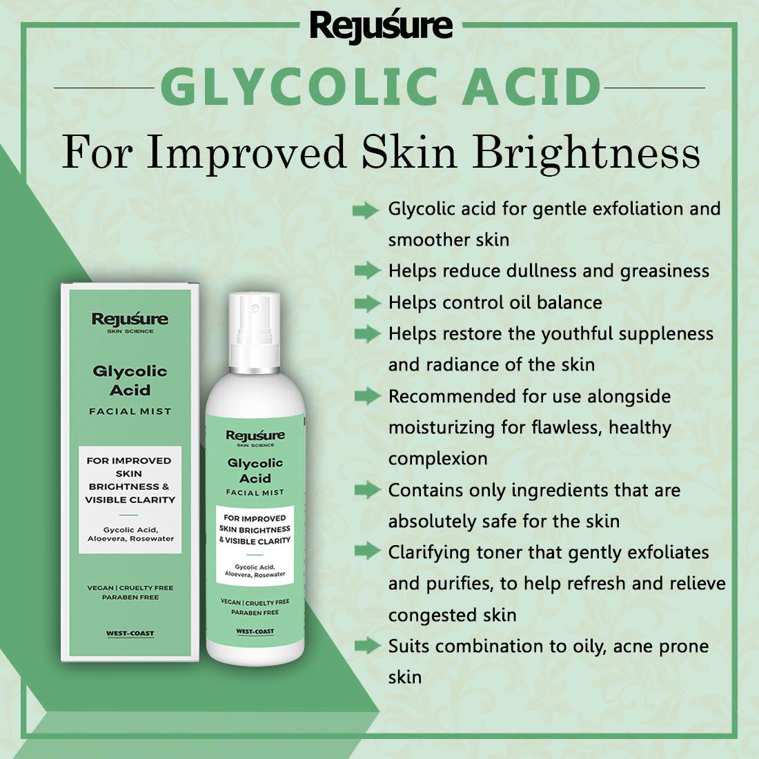 Rejusure Glycolic Acid Face mist – For Improved Skin Brightness & Visible Clarity – 100ml (Pack of 2)