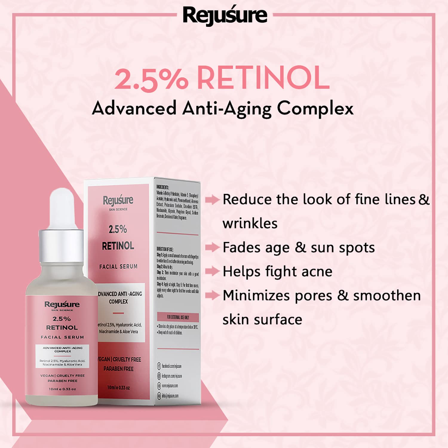 Rejusure 2.5% Retinol face Serum for Anti Aging, Night Face Serum with Retinol to Reduce Fine Lines & Wrinkles, Promotes Cell Turnover Youthful & Smooth Skin – 10ml